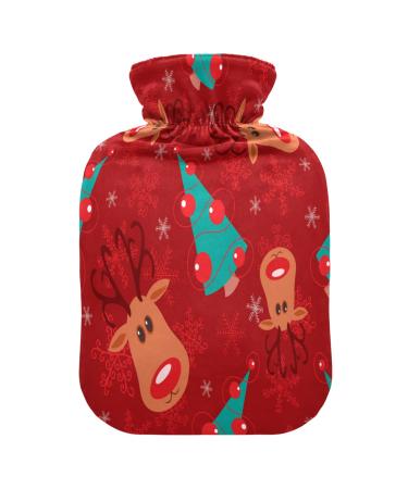 Christmas tree moose and snowflakes on a red hot water bottle with a soft fleece train 2 liters of warm and cold compresses