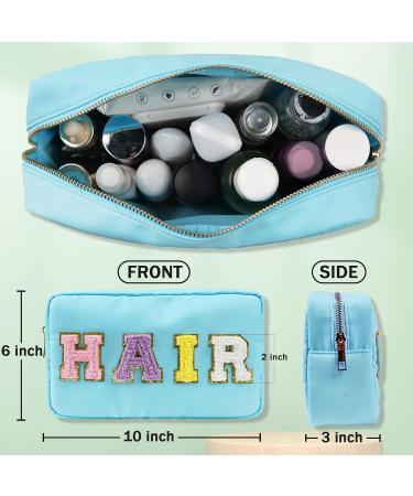 Nylon Waterproof Preppy Makeup Bag - Girls Chenille Letter Portable Travel Organizer for Toiletries and Cosmetics Storage (Blue Hair) - Patches Included - Buy Online on GoSupps.com