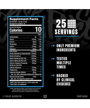 Ryse Project Blackout Pre Workout - Pump Energy & Strength with Caffeine, Vitacholine, Nitrates, Theobromine - 25 Servings (Tiger's Blood) - Buy Online on GoSupps.com