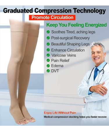 Thigh High Open Toe Compression Stockings 20-30mmHg Firm Support | Silicone Band | Unisex | Varicose Veins & Edema Relief | Beige, Large - Buy Online on GoSupps.com