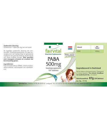 Fairvital | PABA 500mg (Vitamin B-10 para-aminobenzoic acid) 100 tablets VEGANs - against wrinkles skin protection and lets gray hair disappear - Buy Online on GoSupps.com