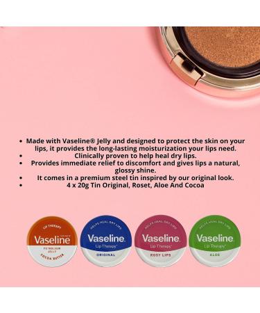 Vaseline Lip Balm - Petroleum Jelly - Lip Therapy - Original Coco Butter Alo VeraAnd Rosy 20g Tin - Soothes Dry Lips - Pack Of 4 - Buy Online on GoSupps.com