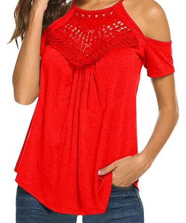 Women's Red Cold Shoulder Flowy Summer Top - Short Sleeve Casual Tee - Buy Online on GoSupps.com