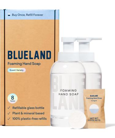 BLUELAND Hand Soap Duo, 2 Refillable Glass Foaming Hand Soap Dispensers with 8 Refill Tablets, Variety Scents, 8 x 9 Fl oz