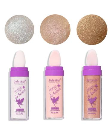 Heykomi Highlighter Powder Stick Makup Polvo De Hadas Maquillaje Highlight Glitter Puff Brightens Makeup Stick for Face Body Hair Cosmetic (White Moonbeam+Fairy Pink+Gloden Brown)