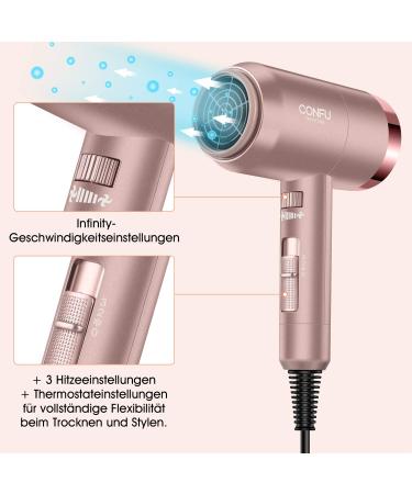 Confu 1800W Light Hair Dryer with Styling Nozzle & Diffuser - 3 Heat & Speed Settings - Rose Gold | International Shipping - Buy Online on GoSupps.com