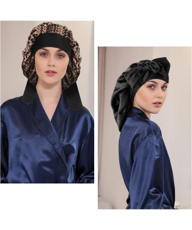 Arqumi Silk Bonnet 2PCS Large Hair Wrap for Sleeping - Adjustable Satin Cap for Long Curly Thick Black Hair - Women's Hair Care Bonnet in Black & Leopard Pattern - Buy Online on GoSupps.com