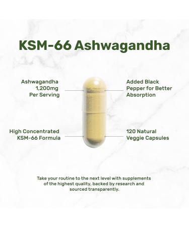 KSM 66 Ashwagandha 1,200mg with Black Pepper 120 Veggie Capsules Extra Strength Root Extract High Absorption Adaptogenic Supplements for Relaxation Energy & Brain Health Non-GMO - Buy Online on GoSupps.com