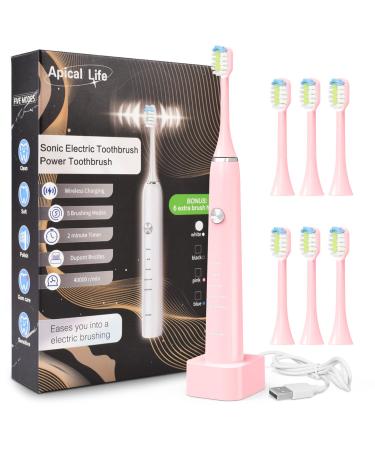 Sonic Electric Toothbrush for Adult with 6 Brush Heads, Power Sonic Electric Toothbrush 5 Modes 40,000 VPM Motor ,Wireless Quick Charge for 35 Days, Travel Rechargeable Power Toothbrush (Pink)
