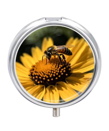 Pill Box Pill Case 3 Compartment Travel Pill Box Yellow Flower with Black Bee Printing Small Pill Box Portable Medicine Pill Case Pill Organizer for Purse & Pocket for Travel Handbag (Round)