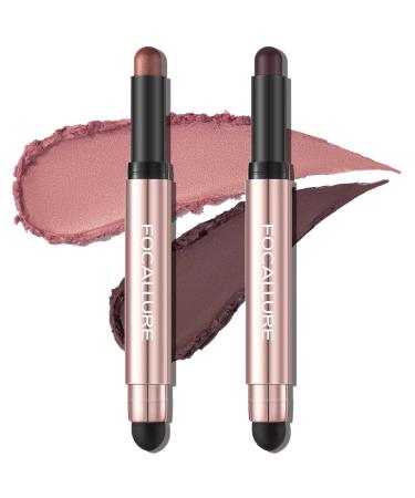 FOCALLURE 2PCS No Crease Eyeshadow Stick Shimmer and Matte Cream Eyeshadow Pencil Crayon Long Lasting Waterproof Eye Brightener Stick With Blending Brush Opulent Tassels