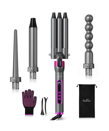 Curling Iron 3 Barrel Hair Waver,Siyaluens 4 in 1 Curling Wand Set with 4 Interchangeable Ceramic Tourmaline Barrels 0.35-1inch,LCD Temp Control Instant Heat Up,Hair Crimper with Glove & 2 Hair Clips