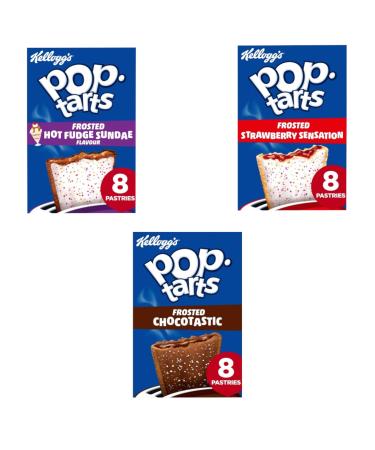 Frosted Pop Tarts Variety Multipack (3 x 8 Pack) 3 Delicious Flavours 24 Kellogs Pop Tarts in Total. Contains Chocotastic Strawberry Sensation & Hot Fudge Sunday