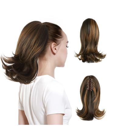 CJL HAIR Clip in Ponytail Extension 12 Inch Curly Ponytail Hair Extensions Synthetic Fake Short Hair Pony Tail Extension Hairpieces for Women Girls (Dark Brown/Golden Auburn) 12 inch Dark Brown/Golden Auburn