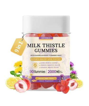 Milk Thistle Gummies with 2000MG Extract, Liver Health Support Gummies, Silymarin Milk Thistle Supplement with Artichoke, Dandelion, Turmeric Curcumin, No Sugar, for Adults, Vegan, 90 Count