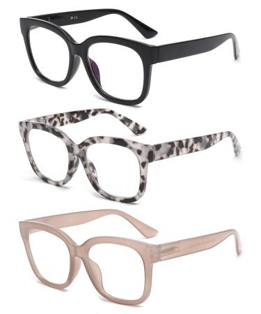 JM 3 Pack Oversized Square Reading Glasses Light Blocking Computer Readers for Women and Men 3 Pack Mixed 2.0 x