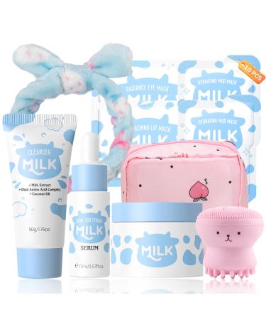 Milk Skincare for Kids 10 PCS Teen Skin Care Kit with Cleanser Serum Cream Masks Skin Care for Teens 10-12 Hydrating Travel Skincare Sets Christmas Gifts for Teenage Girls & Tweens (Milk)