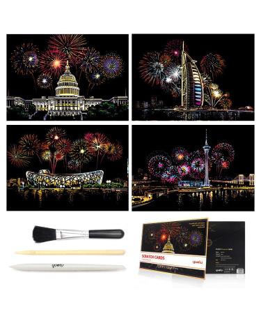 C-pop Scratch Art, Scratch Art Paper DIY Night View Scratchboard for Adult and Kids, with Stylus/Black Brush,8.2''x11.4'' (Fireworks)