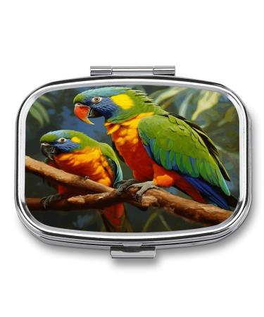 Pill Box Bird Parrot Painting Print 2 Compartment Medicine Pill Case Pill Organizer Decorative Metal Portable Pill Box for Pocket Or Purse Style