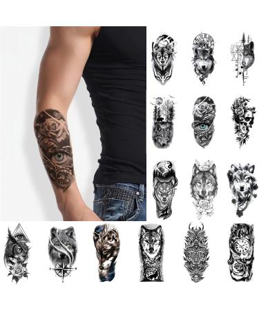 glaryyears 15 Sheets Watercolor Black Wolf Wolves Skulls Eyes Eagles Flowers Temporary Tattoos for Women Men, Fake Tattoo Stickers Realistic Waterproof on Arm Shoulder Wrist Body Art Large Size Pattern C