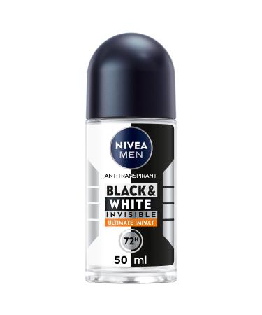 NIVEA MEN Black & White Ultimate Impact Roll-on Deodorant (1 x 50 ml), men's deodorant against white and yellow marks, anti-perspirant anti-odor & humidity, effective 72-hour protection, alcohol-free