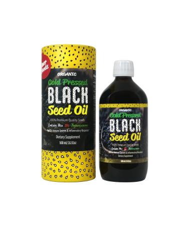 Black Seed Oil 16.9 Fl Oz, Min 3X% Thymoquinone, Cold Pressed, No Pesticides, 100% Organic Black Cumin Nigella Sativa Seed Oil, Non-GMO, Made from Most Recent Harvested Crops, Glass Bottle