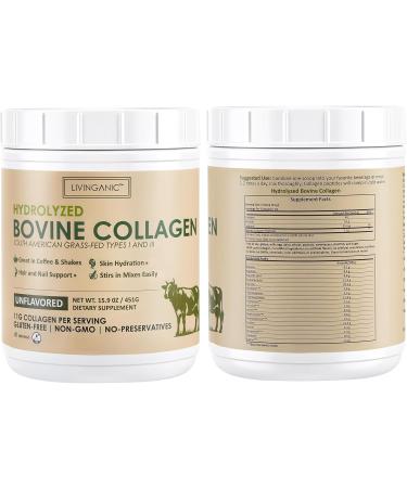 LIVINGANIC Collagen Peptides Powder Unflavored 15.9oz, Hydrolyzed Bovine Collagen 41 Servings Types I & III, Grass-Fed, Pasture-Raised Protein, Zero Sugar Supplement - Buy Online on GoSupps.com