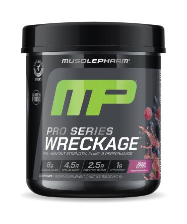 Muscle Pharm Pro Series Wreckage Pre Workout Powder | Professional Grade 8-in-1 Blend for Strength Pump Focus & Nitric Oxide Performance | Sour Berry 15.5 oz 20 Servings