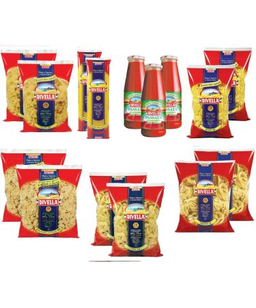 Divella DIVELLA Family Kit 12 packs of 500g pasta (butterflies ears knives rolls spaghetti restaurants tofe) + 3 bottles of tomato paste 640 g