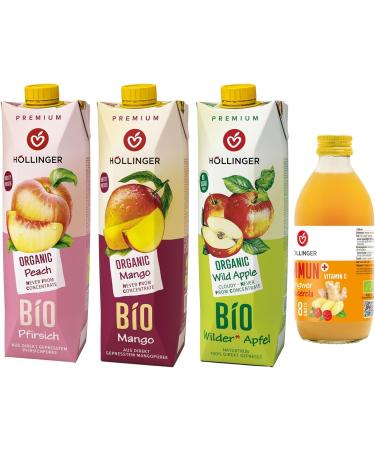 Hollinger Bio Premium Pack Mixte Jus de Fruits Biologiques P che Mangue Pomme Sauvage 3x1L Plus Boisson Immun+ Gingembre 330ml - Buy Online on GoSupps.com