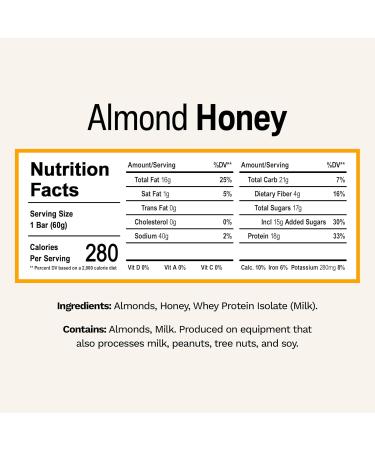 Rise Bar Almond Honey Protein Bars - 12 Pack (2.1 oz each) | Simple, Delicious Nutrition - Buy Online on GoSupps.com