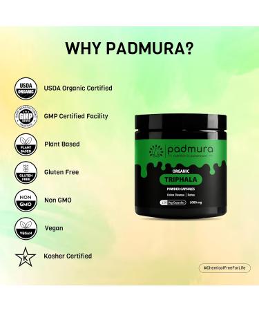 PADMURA Organic Triphala Powder Capsules 1000mg | USDA Organic Certified | Non GMO | Gluten Free | Vegan - 120 Veg Capsules - Buy Online on GoSupps.com