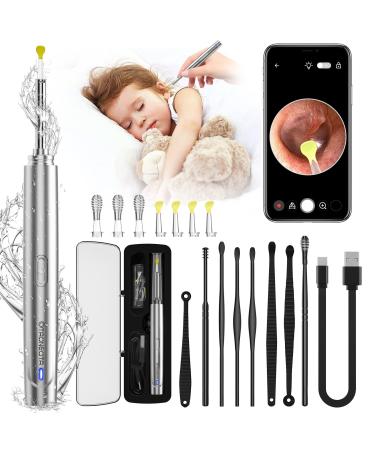 OTAONEOTA Ear Wax Removal Tool Ear Cleaner with 1296P FHD Camera Ear Cleaning Kit with Lights and Built-in WiFi Compatible with iPhone iPad and Android(Silver)