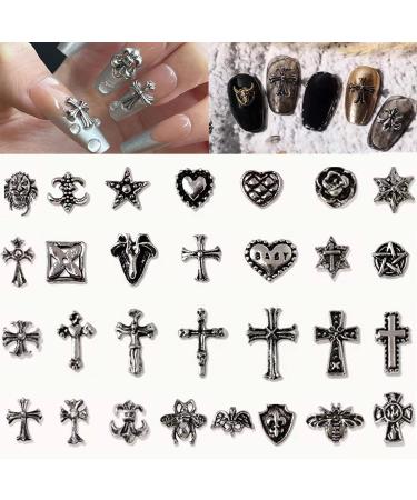 100Pcs Cross Nail Charm 3D Chrome Silver Nail Charms Y2K Nail Art Charms Mixed Punk Vintage Nail Charms for Acrylic Nails Cross Nail Decoration Accessories for Manicure Craft DIY