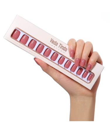 Veda Tinda Press on Nails Rose Pink Short Square Acrylic Nails Kiss Me More Fake Nails in 12 Sizes - 24 Pcs with Nail Glue Nail Tools Glossy Color Nail Tips