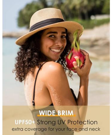 FURTALK Panama Hat Wide Brim Fedora Straw Beach Hat UV UPF 50 | Khaki+White | Medium-Large - Buy Online on GoSupps.com