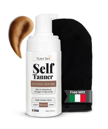 Team Tan Self Tanner Mousse - Tanning Foam for Face and Body Sunless Tanner Kit for Fake Tan Aloe Vera and Vitamin Infused Self Tanning Mousse (3.38 fl oz | Medium)