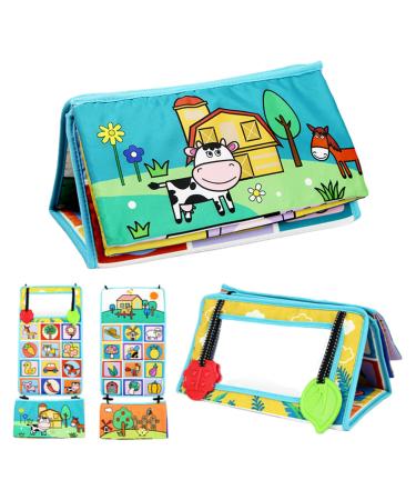 Kumprohu Tummy Time Floor Mirror - Crinkle Cloth Book with Teethers Black and White Sensory Toys for 0 3 6 Infants High Contrast Developmental Infant Toy