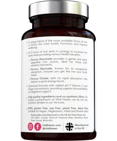 Complex Triple Action Formula - Iron Glycinate + Iron Citrate + Iron Gluconate and Non-Acid Vitamin C with Ginger for Maximum Absorption - Max Potency - Premium Ingredients - Vegan - Made in The UK - Buy Online on GoSupps.com