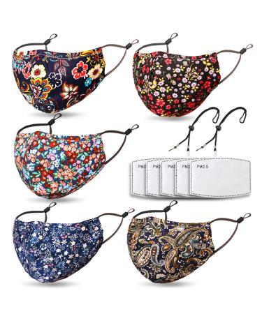 MOTEM Reusable and Washable Face Mask for Women Build-in Nose Wire and Filter Pocket,With 5 Filters ,2 Adjustable Lanyards ,Breathable Dust Cloth Fabric (Bohemian)