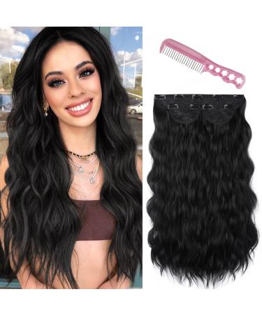 DeeThens Black Hair Extensions Wavy Clip in Hair Extensions for Women 3pcs Synthetic Hairpiece Invisible Wavy Clip Extensions 20 Inch Black