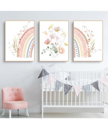 Herfair 3 Set Poster Rainbow Flower Pictures Nursery Deco Boho Wallposter Pictures Set Young Girl Baby Room Children's Pictures Without Frame (30x40cm)