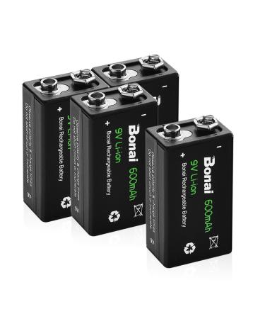 BONAI Rechargeable 9V Batteries 600mAh High Capacity 9V Rechargeable Batteries (4 Pack) 9 Volt Lithium Batteries for Smoke Alarms Metal Detector etc - Long-Lasting & Economical