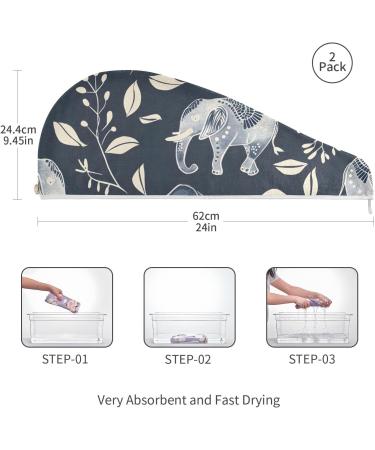 Super Absorbent Elephant Handrawn Hair Towel 2 Pack - Quick Dry Hair Turbans with Button Twist for Women & Girls - Buy Online on GoSupps.com