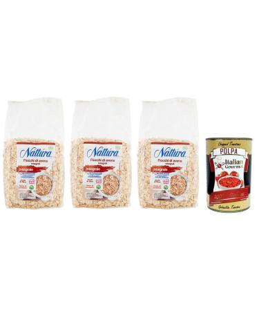 N tt ra Fiocchi di Avena Integrali BIO Pack of 3 whole grain oat flakes from organic farming 500 g bag + Italian Gourmet box Polpa di Pomodoro 400 g