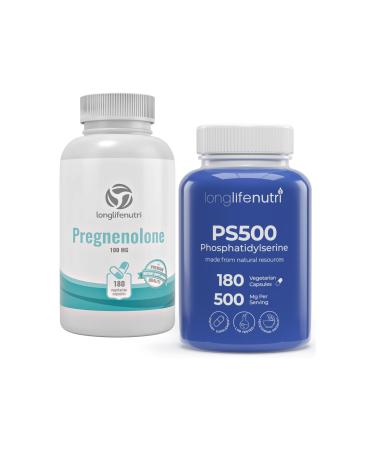 LongLifeNutri Pregnenolone 100 mg + Phosphatidylserine 500 mg Bundle 360 Capsules (Veggie) 3-Month Supply Lab Tested Non-GMO Made in USA