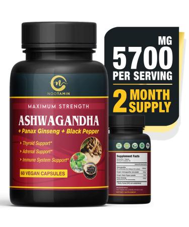 Organic India Ashwagandha Capsules 5700mg - 60 Vegan Capsules with Panax Ginseng + Black Pepper for Stress Relief, Support Adderall, Focus, Mood Enhancer, Immune & Thyroid Support - 2 Months Supply