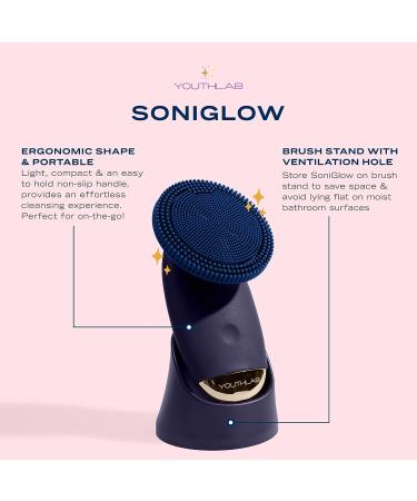 YouthLab SoniGlow Navy Silicone Facial Cleansing Brush - Electric Vibrating Scrubber for Hygienic Exfoliation, Massage, and Blackhead Removal - Buy Online on GoSupps.com