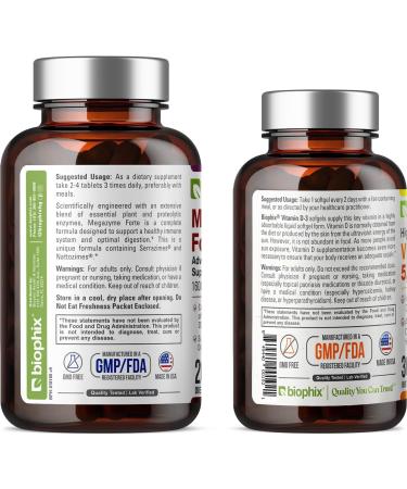 biophix Megazyme Forte 200 Tablets - Free Vitamin D-3 5000 IU 30 Softgels - Natural Plant Proteolytic Enzymes Nattozimes Serrazimes Supports Digestive System Immune Health - Buy Online on GoSupps.com