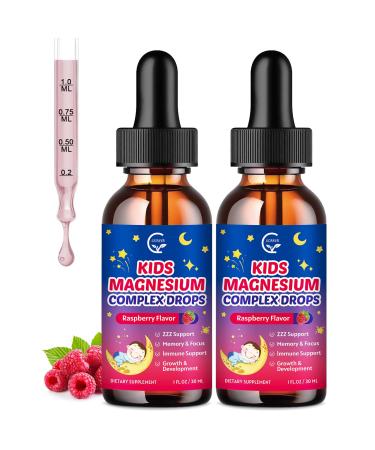 (2 Bottles) Magnesium Glycinate Liquid for Kids with L-Theanine Omega-3 Vitamin D3 K2 Zinc Kids Magnesium Liquid Drops for Sleep & Calm Brain Bone Sugar Free Raspberry Flavor